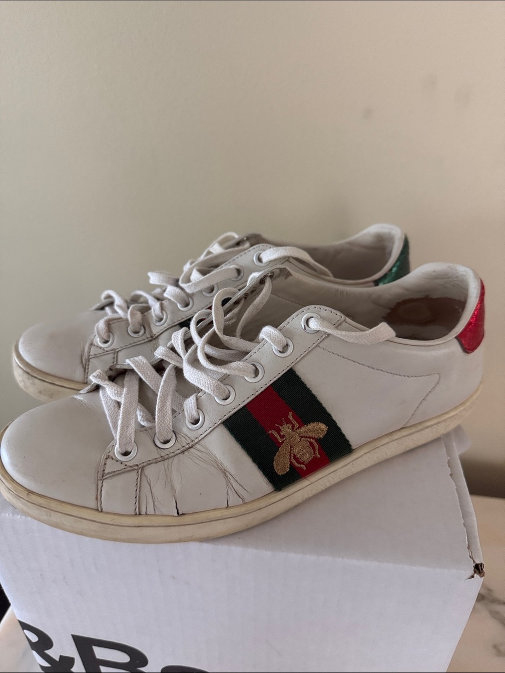 Authentic Gucci White Leather Sneakers with Green & Red Stripe and Gold Bee